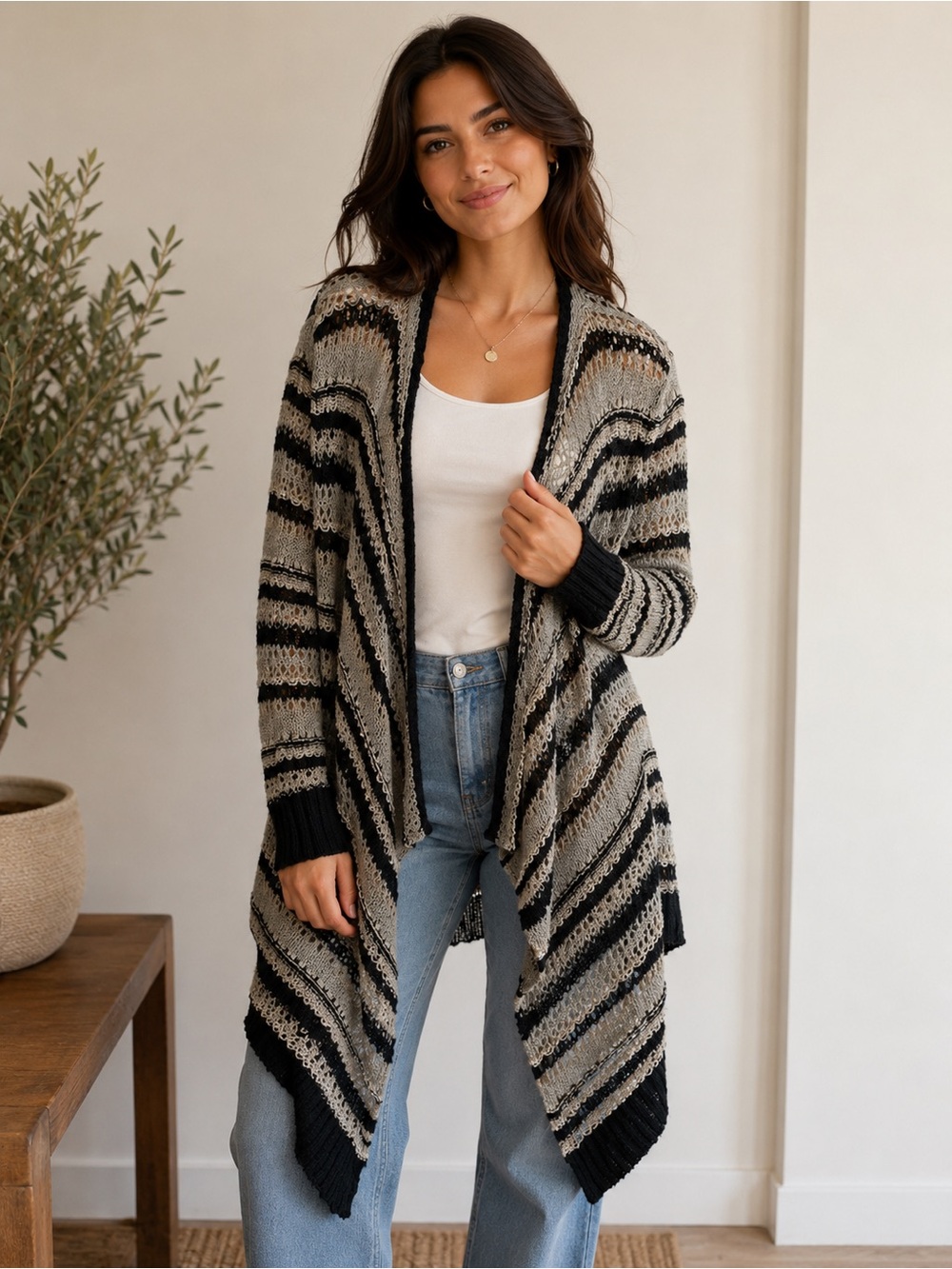 American Eagle Outfitters Striped Open-Front Cardigan in Black and Gray